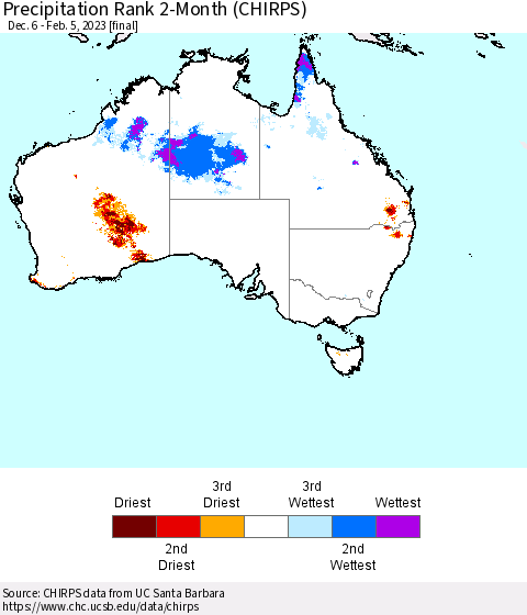 Australia Precipitation Rank since 1981, 2-Month (CHIRPS) Thematic Map For 12/6/2022 - 2/5/2023