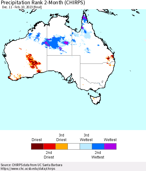 Australia Precipitation Rank since 1981, 2-Month (CHIRPS) Thematic Map For 12/11/2022 - 2/10/2023