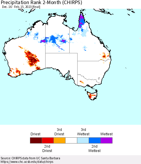 Australia Precipitation Rank since 1981, 2-Month (CHIRPS) Thematic Map For 12/16/2022 - 2/15/2023