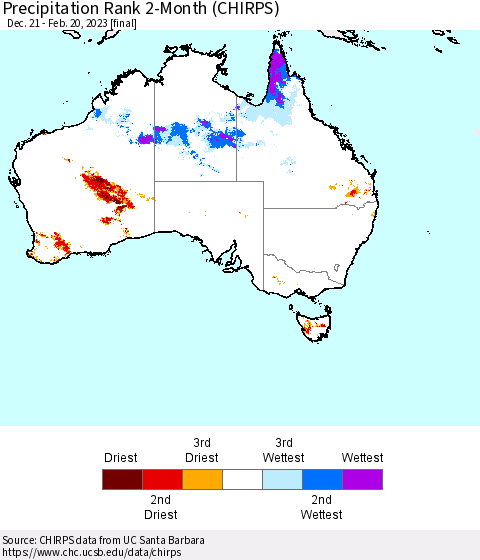 Australia Precipitation Rank since 1981, 2-Month (CHIRPS) Thematic Map For 12/21/2022 - 2/20/2023