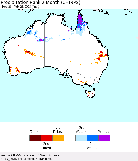 Australia Precipitation Rank since 1981, 2-Month (CHIRPS) Thematic Map For 12/26/2022 - 2/25/2023