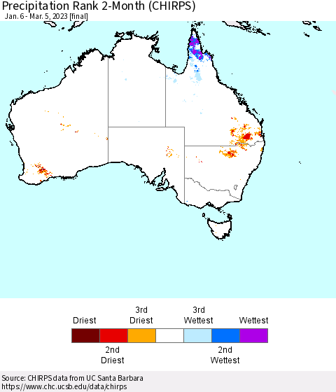 Australia Precipitation Rank since 1981, 2-Month (CHIRPS) Thematic Map For 1/6/2023 - 3/5/2023