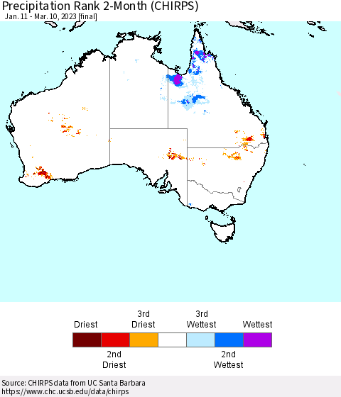 Australia Precipitation Rank since 1981, 2-Month (CHIRPS) Thematic Map For 1/11/2023 - 3/10/2023