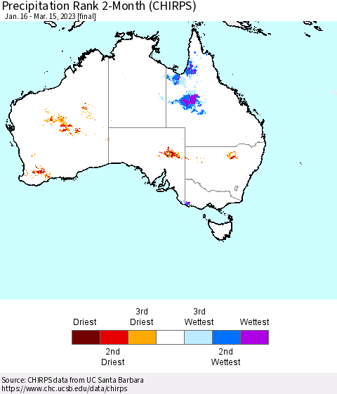 Australia Precipitation Rank since 1981, 2-Month (CHIRPS) Thematic Map For 1/16/2023 - 3/15/2023