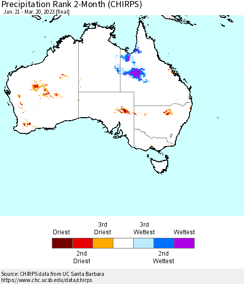 Australia Precipitation Rank since 1981, 2-Month (CHIRPS) Thematic Map For 1/21/2023 - 3/20/2023