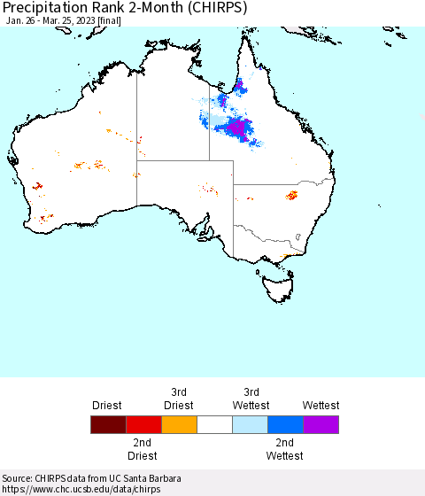 Australia Precipitation Rank since 1981, 2-Month (CHIRPS) Thematic Map For 1/26/2023 - 3/25/2023