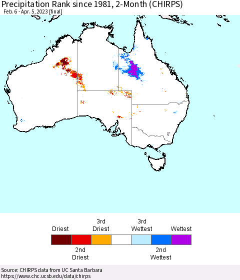 Australia Precipitation Rank since 1981, 2-Month (CHIRPS) Thematic Map For 2/6/2023 - 4/5/2023