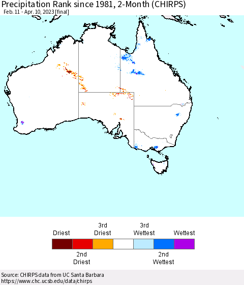 Australia Precipitation Rank since 1981, 2-Month (CHIRPS) Thematic Map For 2/11/2023 - 4/10/2023