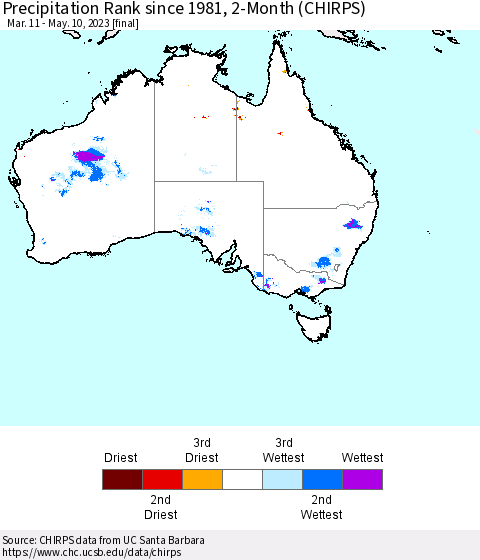 Australia Precipitation Rank since 1981, 2-Month (CHIRPS) Thematic Map For 3/11/2023 - 5/10/2023