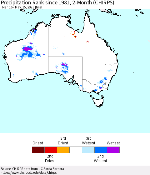 Australia Precipitation Rank since 1981, 2-Month (CHIRPS) Thematic Map For 3/16/2023 - 5/15/2023