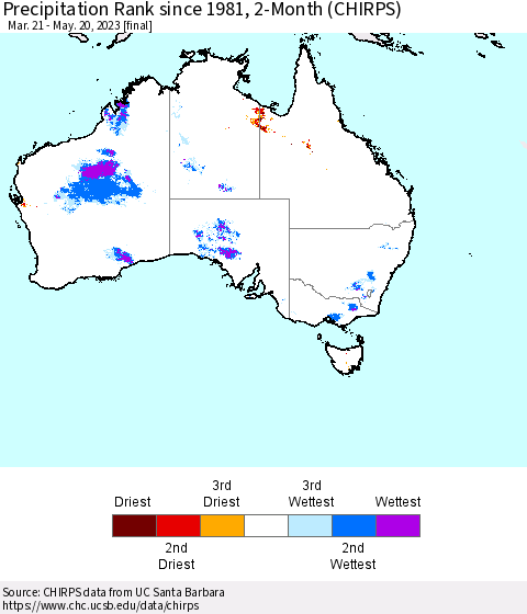 Australia Precipitation Rank since 1981, 2-Month (CHIRPS) Thematic Map For 3/21/2023 - 5/20/2023