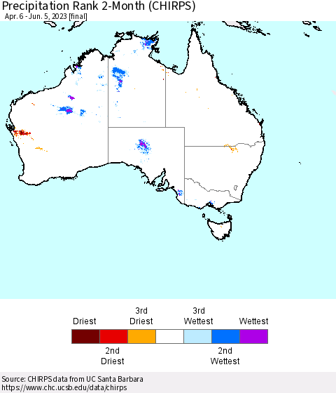 Australia Precipitation Rank since 1981, 2-Month (CHIRPS) Thematic Map For 4/6/2023 - 6/5/2023