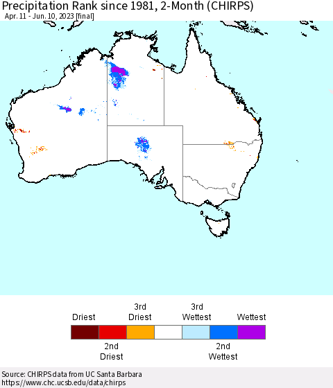 Australia Precipitation Rank since 1981, 2-Month (CHIRPS) Thematic Map For 4/11/2023 - 6/10/2023