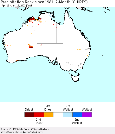 Australia Precipitation Rank since 1981, 2-Month (CHIRPS) Thematic Map For 4/16/2023 - 6/15/2023