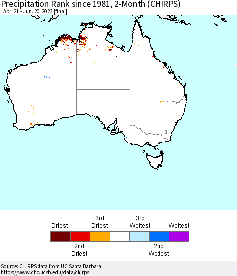 Australia Precipitation Rank since 1981, 2-Month (CHIRPS) Thematic Map For 4/21/2023 - 6/20/2023