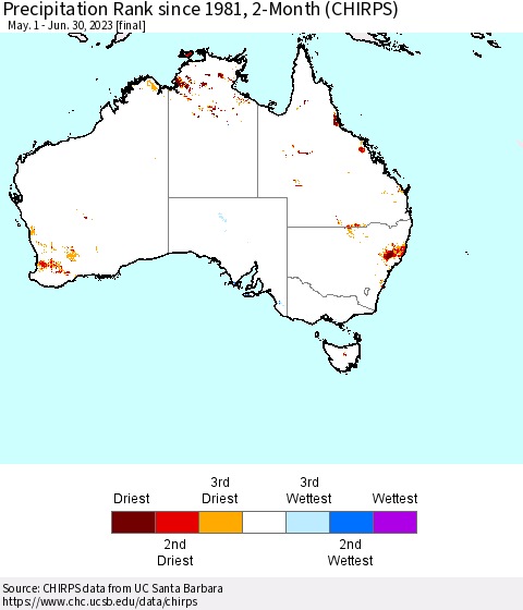 Australia Precipitation Rank since 1981, 2-Month (CHIRPS) Thematic Map For 5/1/2023 - 6/30/2023