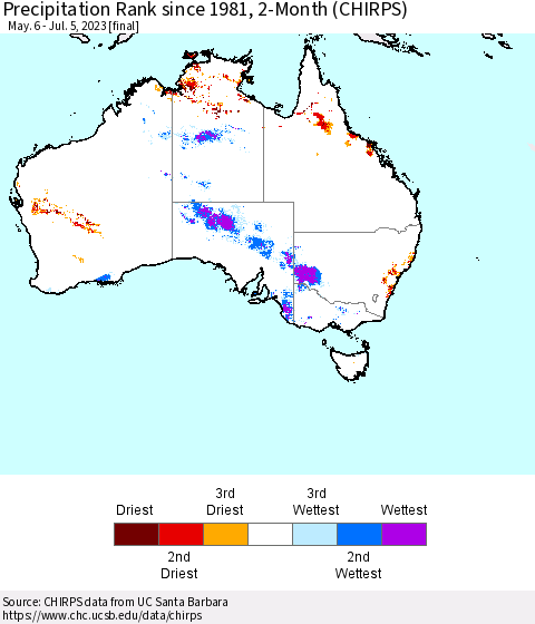 Australia Precipitation Rank since 1981, 2-Month (CHIRPS) Thematic Map For 5/6/2023 - 7/5/2023