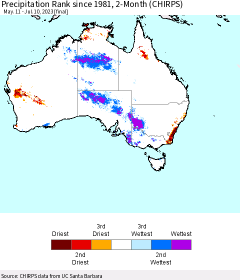 Australia Precipitation Rank since 1981, 2-Month (CHIRPS) Thematic Map For 5/11/2023 - 7/10/2023