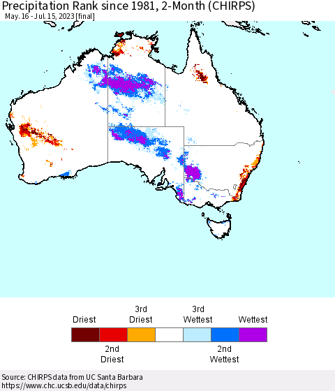 Australia Precipitation Rank since 1981, 2-Month (CHIRPS) Thematic Map For 5/16/2023 - 7/15/2023