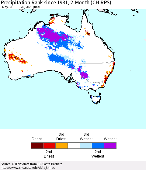 Australia Precipitation Rank since 1981, 2-Month (CHIRPS) Thematic Map For 5/21/2023 - 7/20/2023