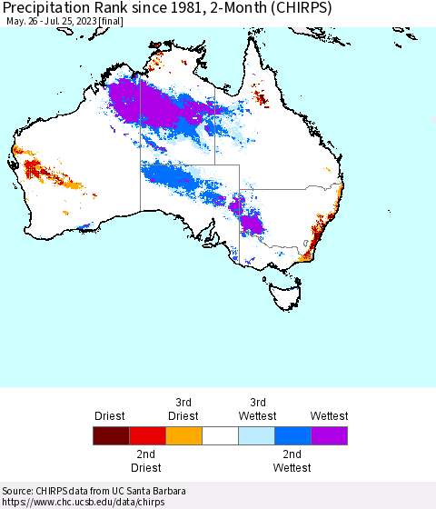 Australia Precipitation Rank since 1981, 2-Month (CHIRPS) Thematic Map For 5/26/2023 - 7/25/2023