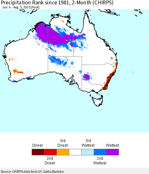 Australia Precipitation Rank since 1981, 2-Month (CHIRPS) Thematic Map For 6/6/2023 - 8/5/2023