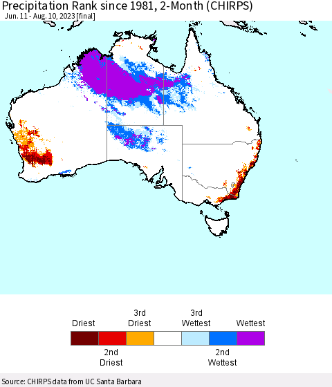Australia Precipitation Rank since 1981, 2-Month (CHIRPS) Thematic Map For 6/11/2023 - 8/10/2023