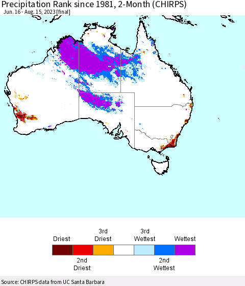 Australia Precipitation Rank since 1981, 2-Month (CHIRPS) Thematic Map For 6/16/2023 - 8/15/2023