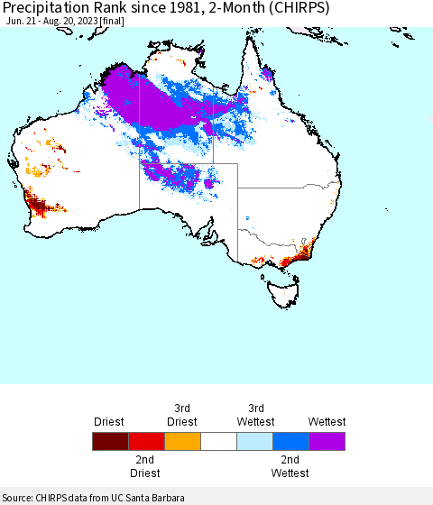 Australia Precipitation Rank since 1981, 2-Month (CHIRPS) Thematic Map For 6/21/2023 - 8/20/2023