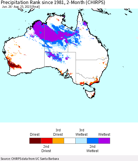 Australia Precipitation Rank since 1981, 2-Month (CHIRPS) Thematic Map For 6/26/2023 - 8/25/2023