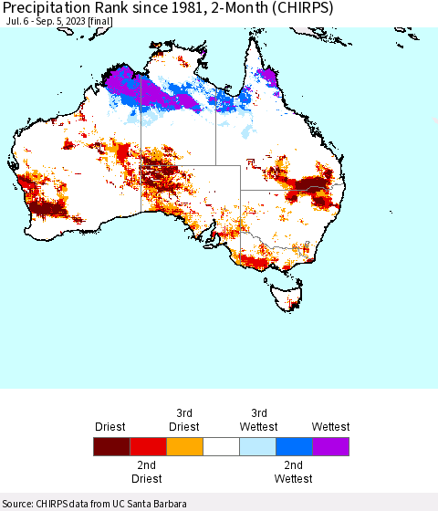 Australia Precipitation Rank since 1981, 2-Month (CHIRPS) Thematic Map For 7/6/2023 - 9/5/2023