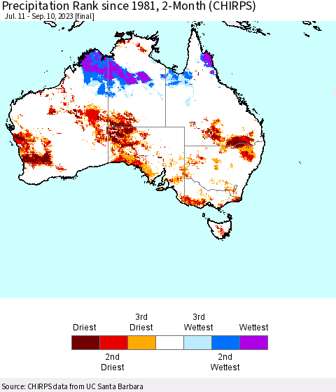 Australia Precipitation Rank since 1981, 2-Month (CHIRPS) Thematic Map For 7/11/2023 - 9/10/2023