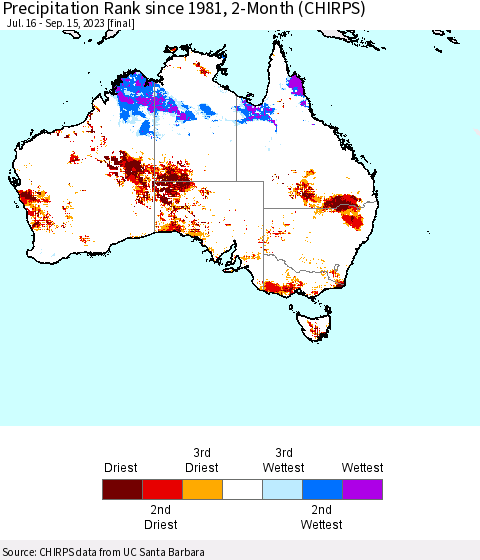 Australia Precipitation Rank since 1981, 2-Month (CHIRPS) Thematic Map For 7/16/2023 - 9/15/2023