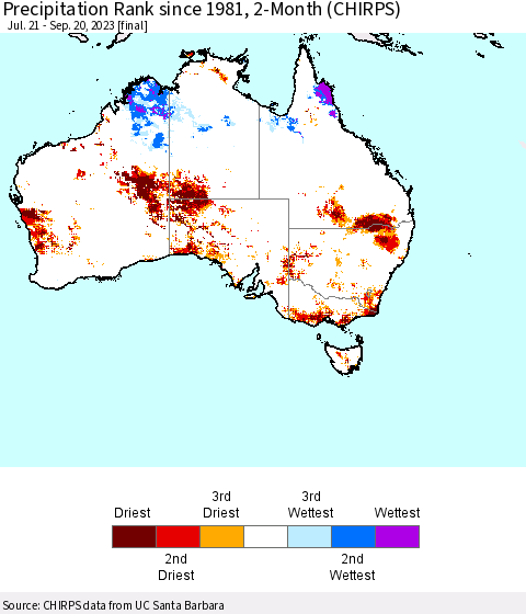 Australia Precipitation Rank since 1981, 2-Month (CHIRPS) Thematic Map For 7/21/2023 - 9/20/2023