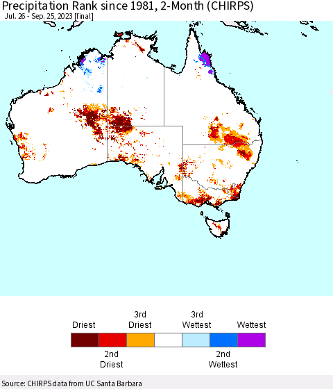 Australia Precipitation Rank since 1981, 2-Month (CHIRPS) Thematic Map For 7/26/2023 - 9/25/2023