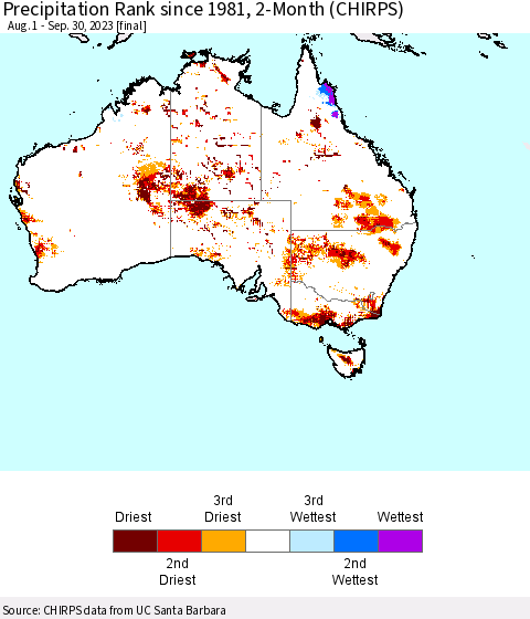 Australia Precipitation Rank since 1981, 2-Month (CHIRPS) Thematic Map For 8/1/2023 - 9/30/2023
