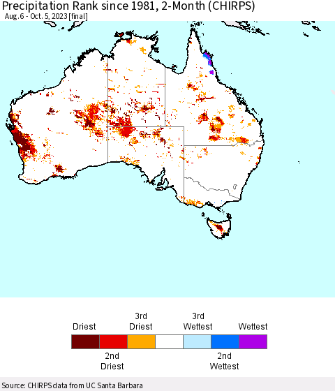 Australia Precipitation Rank since 1981, 2-Month (CHIRPS) Thematic Map For 8/6/2023 - 10/5/2023