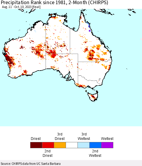 Australia Precipitation Rank since 1981, 2-Month (CHIRPS) Thematic Map For 8/11/2023 - 10/10/2023