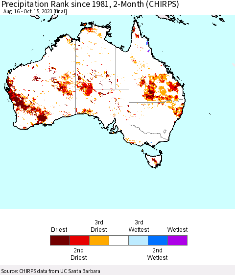 Australia Precipitation Rank since 1981, 2-Month (CHIRPS) Thematic Map For 8/16/2023 - 10/15/2023