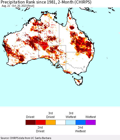 Australia Precipitation Rank since 1981, 2-Month (CHIRPS) Thematic Map For 8/21/2023 - 10/20/2023