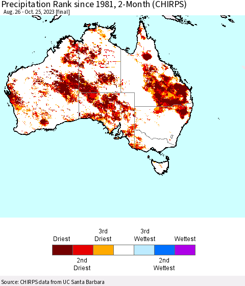Australia Precipitation Rank since 1981, 2-Month (CHIRPS) Thematic Map For 8/26/2023 - 10/25/2023