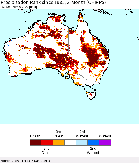 Australia Precipitation Rank since 1981, 2-Month (CHIRPS) Thematic Map For 9/6/2023 - 11/5/2023