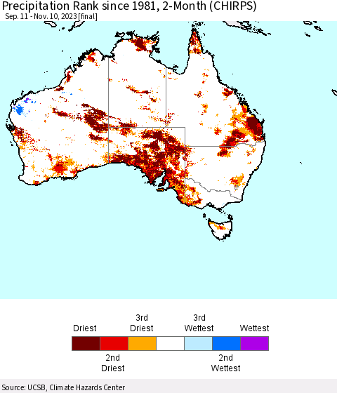 Australia Precipitation Rank since 1981, 2-Month (CHIRPS) Thematic Map For 9/11/2023 - 11/10/2023
