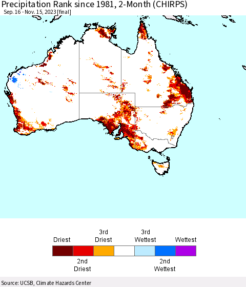 Australia Precipitation Rank since 1981, 2-Month (CHIRPS) Thematic Map For 9/16/2023 - 11/15/2023
