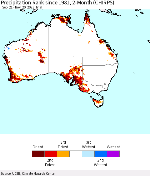 Australia Precipitation Rank since 1981, 2-Month (CHIRPS) Thematic Map For 9/21/2023 - 11/20/2023