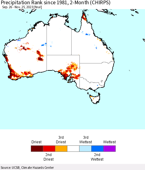 Australia Precipitation Rank since 1981, 2-Month (CHIRPS) Thematic Map For 9/26/2023 - 11/25/2023