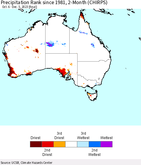 Australia Precipitation Rank since 1981, 2-Month (CHIRPS) Thematic Map For 10/6/2023 - 12/5/2023