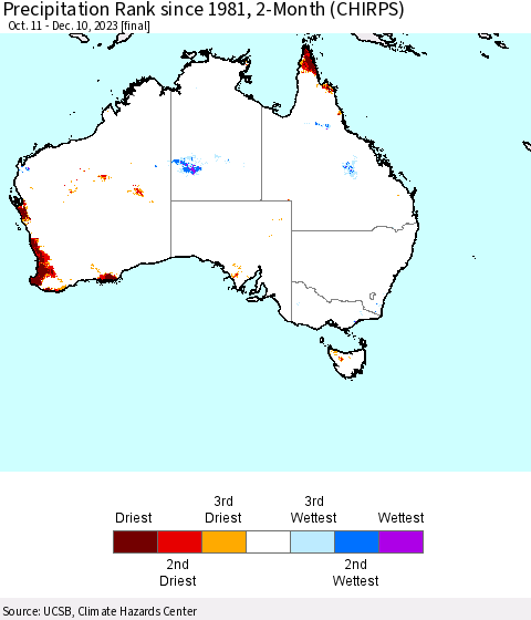 Australia Precipitation Rank since 1981, 2-Month (CHIRPS) Thematic Map For 10/11/2023 - 12/10/2023