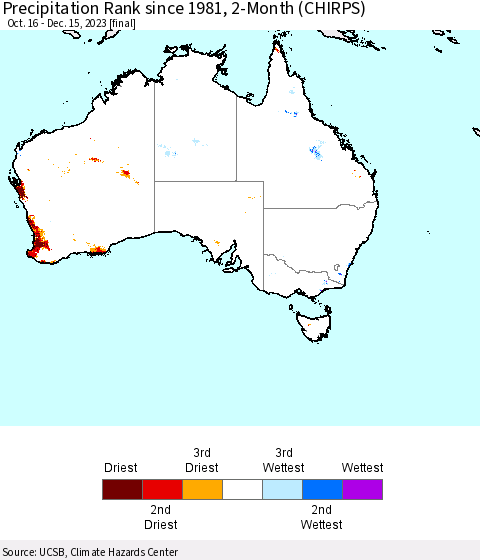 Australia Precipitation Rank since 1981, 2-Month (CHIRPS) Thematic Map For 10/16/2023 - 12/15/2023