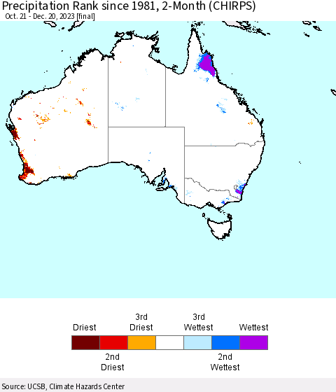 Australia Precipitation Rank since 1981, 2-Month (CHIRPS) Thematic Map For 10/21/2023 - 12/20/2023